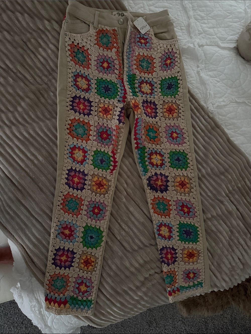 Free People Beige Jeans with Colorful Crochet Granny-Square Panels